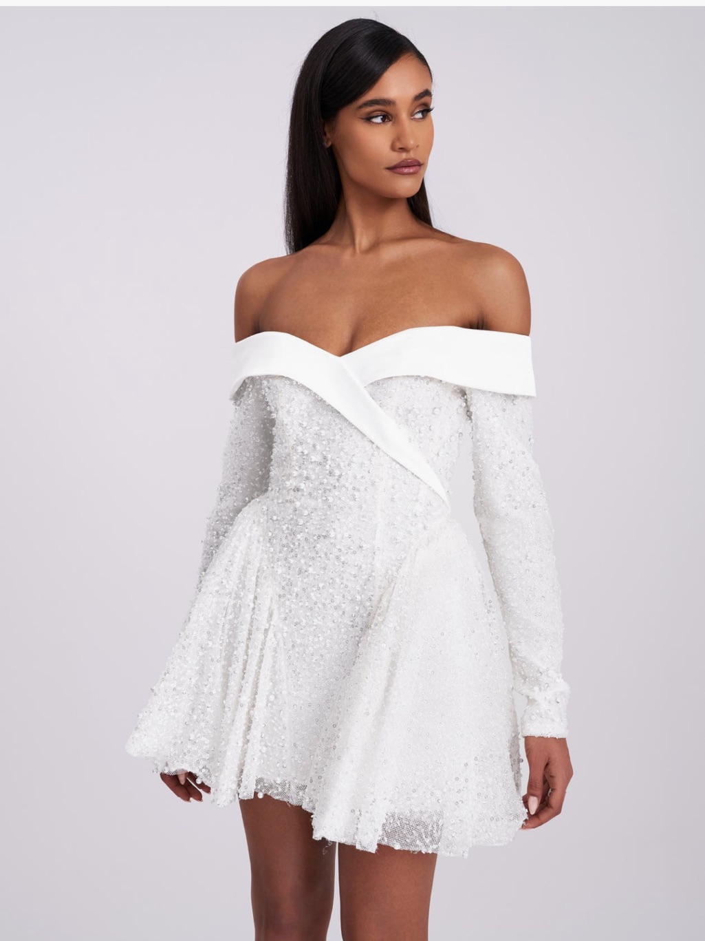 Miss Circle Kira Off-Shoulder White Sequin Fit & Flare Dress